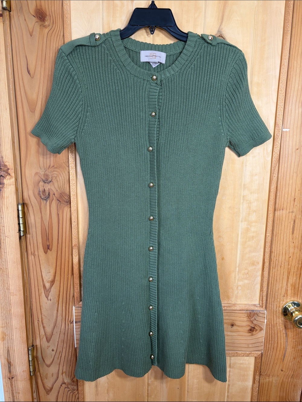 French Connection HunterGreen Ribbed Button-Front Short-Sleeve Dress